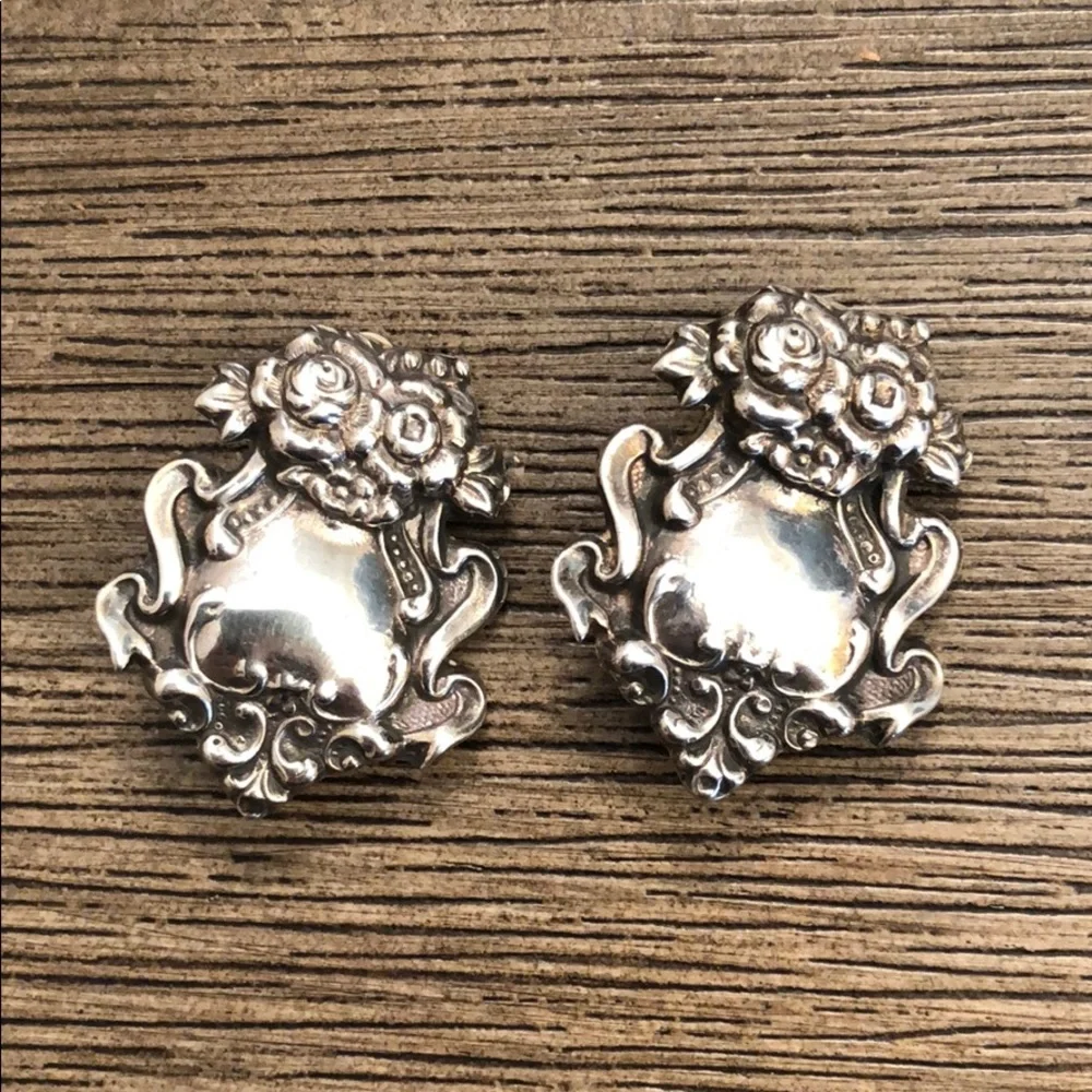 Sterling Silver Repousse Clip Earrings Baroque